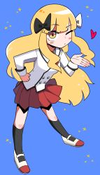 Rule 34 | 1girl, absurdres, black bow, black socks, blazer, blonde hair, blowing kiss, blue background, blush stickers, bow, breasts, brown eyes, closed mouth, full body, hair bow, heart, highres, jacket, kneehighs, lakilolom, leaning forward, long hair, long sleeves, one eye closed, pleated skirt, princess connect!, red neckwear, red skirt, saren (princess connect!), saren (real) (princess connect!), school uniform, shoes, sidelocks, skirt, small breasts, socks, solo, standing, uwabaki, very long hair, white bow, white footwear, white jacket