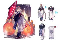 1girl absurdly_long_hair absurdres ancient_killers_(phantom_of_the_kill) braid character_sheet commentary_request da-kuro flower from_behind from_side full_body gloves grey_hair hair_flower hair_ornament highres holding holding_umbrella japanese_clothes kimono long_hair looking_at_viewer official_alternate_costume official_art oil-paper_umbrella okobo outdoors phantom_of_the_kill ragnarok_(phantom_of_the_kill) red_eyes red_flower red_gloves red_umbrella sandals second-party_source simple_background snow standing straight-on umbrella very_long_hair white_background