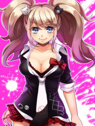 Rule 34 | 10s, 1girl, blonde hair, blue eyes, blush, breasts, checkered clothes, checkered skirt, cleavage, danganronpa: trigger happy havoc, danganronpa (series), enoshima junko, hair ornament, large breasts, long hair, nagase kizuna, nail polish, necktie, school uniform, skirt, sleeves rolled up, smile, solo, spoilers, twintails