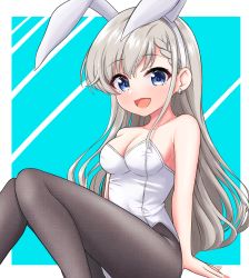 Rule 34 | 1girl, :d, animal ears, arm support, bare arms, bare shoulders, black pantyhose, blue background, blue eyes, blush, braid, braided bangs, breasts, cleavage, collarbone, commentary request, earrings, fake animal ears, feet out of frame, grey hair, hairband, highres, hisakawa hayate, idolmaster, idolmaster cinderella girls, idolmaster cinderella girls starlight stage, jewelry, knees together feet apart, leotard, long hair, looking at viewer, medium breasts, mitsumine raimu, nail polish, open mouth, pantyhose, pink nails, playboy bunny, rabbit ears, smile, solo, strapless, strapless leotard, two-tone background, very long hair, white background, white hairband, white leotard