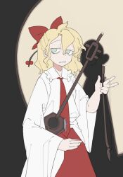 Rule 34 | 1girl, blonde hair, bolos, bow, bow (music), commentary, cowboy shot, cross print, english commentary, erhu, flat chest, frilled shirt collar, frills, green eyes, hair between eyes, hair bow, half-closed eyes, half updo, holding, holding bow (music), holding erhu, holding instrument, instrument, long bangs, long sleeves, looking at viewer, medium hair, necktie, odd one out, parted lips, red bow, red necktie, red skirt, satsuki rin, shadow, shirt, skirt, solo, touhou, wavy hair, white shirt, wide sleeves