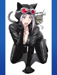 :3 all_fours baron_(varon666) black_bodysuit body_fur bodysuit breasts cat cleavage collarbone full_body fuuto_tantei grey_fur highres kamen_rider kamen_rider_w large_breasts paw_pose purple_eyes purple_hair simple_background tokime_(fuuto_tantei) white_background