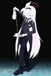 Rule 34 | absurdres, alternate costume, black suit, blue archive, closed eyes, coffee mug, cup, formal, full body, gloves, hairband, halo, highres, long hair, mug, plana (blue archive), standing, suit, tea, thomason366, twitter, very long hair, white gloves, white hair