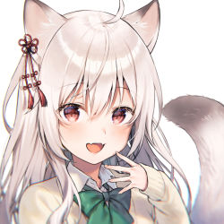 Rule 34 | 1girl, :d, ahoge, animal ear fluff, animal ears, blush, bow, brown sweater, collared shirt, commentary request, fang, fox ears, fox girl, fox tail, green bow, hair between eyes, hair ornament, hand up, long hair, long sleeves, looking at viewer, midorikawa you, open mouth, original, red eyes, school uniform, shirt, silver hair, simple background, sleeves past wrists, smile, solo, sweater, tail, tail raised, upper body, white background, white shirt
