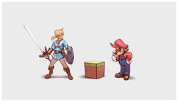 Rule 34 | 2boys, block (object), blouse, facial hair, gloves, grey background, hand on own chin, hand on own hip, hat, highres, holding, holding sword, holding weapon, hylian shield, link, male focus, mario, mario (series), master sword, minecraft, multiple boys, mustache, nin nakajima, nintendo, overalls, ponytail, red headwear, red shirt, shield, shirt, simple background, stroking own chin, super smash bros., sword, the legend of zelda, the legend of zelda: breath of the wild, tunic, weapon, white gloves
