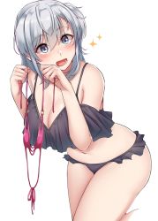 Rule 34 | 1girl, bare arms, bare legs, bare shoulders, bikini, black bikini, blue eyes, blush, hair between eyes, highres, holding, holding bikini, holding clothes, holding swimsuit, kantai collection, kiritto, long hair, navel, one side up, open mouth, silver hair, simple background, solo, sparkle, suzutsuki (kancolle), swimsuit, white background