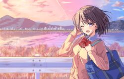 Rule 34 | 1girl, bag, blue bag, bow, bowtie, brown hair, cardigan, city, cloud, cloudy sky, collared shirt, dot nose, evening, floating hair, gradient sky, grass, hand on own head, highres, hirorinwelcome, lake, light blush, looking at viewer, mountainous horizon, one eye closed, open mouth, original, purple eyes, railing, red bow, red bowtie, reflection, reflective water, school uniform, shirt, short hair, shoulder bag, sky, sunlight, tall grass, upper body, white shirt, yellow cardigan