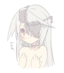 Rule 34 | 10s, 1girl, bad id, bad pixiv id, blade (galaxist), bra, bra on head, choker, covering privates, covering breasts, eyepatch, flat chest, grey hair, infinite stratos, laura bodewig, lingerie, lowres, nude, object on head, red eyes, solo, translated, underwear
