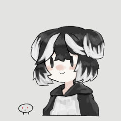 Rule 34 | 1girl, all-around helper, animal ears, black eyes, black hair, closed mouth, commentary request, dog ears, dog girl, harvest fes, hood, hoodie, jang schna, lobotomy corporation, multicolored hair, no nose, pale skin, project moon, short hair, simple background, smile, white background, white hair, white hoodie, | |