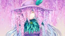 Rule 34 | 1girl, absurdres, angela (project moon), blue hair, breasts, closed mouth, dress, flower, gem, green gemstone, hat, highres, large breasts, leaf, library of ruina, long hair, long sleeves, looking at viewer, one eye covered, pink dress, pink flower, pink hat, project moon, solo, very long hair, wisteria, y o u k a