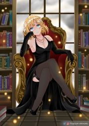 Rule 34 | 1girl, absurdres, arm support, armchair, armpits, black dress, black gloves, black legwear, blonde hair, blue eyes, book, bookshelf, breasts, chair, cleavage, cloud, cloudy sky, collarbone, commentary, crossed legs, dress, earrings, elbow gloves, formal, garter straps, gloves, head rest, head tilt, heart, heart earrings, highres, hololive, hololive english, jewelry, knees together feet apart, looking at viewer, necklace, parted lips, popcornflakes, seiza, short hair, sidelocks, sitting, sky, solo, spaghetti strap, virtual youtuber, watson amelia, window