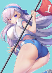 Rule 34 | 1girl, ass, azur lane, belfast (azur lane), blue background, blue buruma, blue footwear, braid, breasts, buruma, closed mouth, flag, gym shirt, gym uniform, highres, holding, holding flag, koflif, large breasts, long hair, looking at viewer, looking to the side, outline, puffy short sleeves, puffy sleeves, purple eyes, purple hair, shirt, shoe soles, shoes, short sleeves, smile, solo, standing, standing on one leg, very long hair, white outline, white shirt