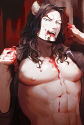 Rule 34 | 1boy, abs, absurdres, black hair, blood, blood on face, blood on hands, blue eyes, curly hair, dark background, fangs, highres, licking blood, looking at viewer, mature male, medium hair, muscular, muscular male, one piece, open mouth, pectorals, red theme, rob lucci, sekimoto (zrrg4457), solo focus, tongue, tongue out, topless male, upper body