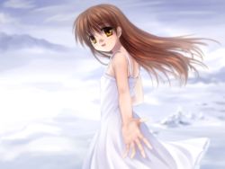 Rule 34 | 00s, brown eyes, brown hair, clannad, dress, girl from the illusionary world, highres, key (company), long hair, looking back, mutsuki (moonknives), solo, sundress