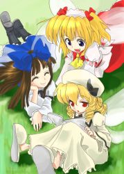 Rule 34 | 3girls, :d, ^ ^, blonde hair, blue eyes, blunt bangs, blush, bow, breasts, closed eyes, dress, fairy, fairy wings, female focus, hair bow, long hair, long sleeves, luna child, multiple girls, oekaki, open mouth, perfect memento in strict sense, red dress, red eyes, sitting, slippers, small breasts, smile, star sapphire, sunny milk, touhou, white dress, wings