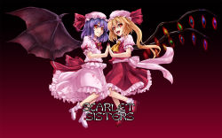 Rule 34 | 2girls, asu hare, bad id, bad pixiv id, bat wings, black background, blonde hair, blood, blood on clothes, blouse, character name, female focus, fingernails, flandre scarlet, glowing, gradient background, grin, hair between eyes, hat, highres, holding hands, long fingernails, looking at viewer, mob cap, multiple girls, nail polish, pink shirt, ponytail, purple hair, red background, red eyes, red nails, remilia scarlet, shirt, short hair, siblings, side ponytail, sisters, smile, socks, symmetrical hand pose, symmetry, touhou, wallpaper, wings