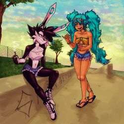 2girls absurdres animal_ears aqua_hair artist_request bare_shoulders black_eyes black_fur blue_eyes brazilian_miku breasts bright_pupils character_request cloud cloudy_sky feet furry grass hatsune_miku highres long_hair medium_breasts multiple_girls open_mouth park rabbit_ears sandals shoes shorts sitting sky smile sneakers sunglasses_on_head sunset tree twintails vocaloid weeds white_pupils