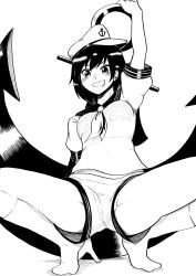 Rule 34 | 1girl, absurdres, anchor, anchor symbol, arm behind back, arm up, blush, breasts, commentary request, greyscale, hat, highres, himajin noizu, looking at viewer, medium breasts, monochrome, murasa minamitsu, neckerchief, no panties, no shoes, partially visible vulva, school uniform, serafuku, short hair, short sleeves, shorts, simple background, smile, socks, solo, spread legs, squatting, touhou, upshorts, white background