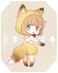 Rule 34 | :3, animal ears, animal hands, animal hood, ayu (mog), blue eyes, blush, border, bright pupils, brown gloves, brown hair, fox ears, fox tail, from behind, full body, gloves, hood, hood up, looking at viewer, looking back, original, paw gloves, short hair, shorts, standing, tail, transparent border, white pupils