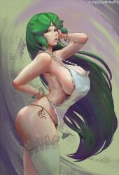 Rule 34 | 1girl, apron, arched back, arm up, artist name, ass, bare arms, bare shoulders, bracelet, breasts, cleavage, commentary, curvy, cutesexyrobutts, green eyes, green hair, green hairband, hairband, highres, hip focus, huge ass, huge breasts, jewelry, kid icarus, kid icarus uprising, light smile, long hair, looking at viewer, matching hair/eyes, naked apron, nintendo, no bra, palutena, panties, parted lips, red panties, side-tie panties, sideboob, signature, single thighhigh, skindentation, solo, thick thighs, thighhighs, thighs, underwear, very long hair, white thighhighs, wide hips