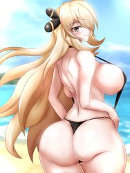 Rule 34 | 1girl, ass, ass focus, beach, blonde hair, blue sky, blurry, blurry background, breasts, captain rs (evil utdm), closed mouth, creatures (company), cynthia (pokemon), female focus, game freak, grey eyes, hair ornament, highres, huge ass, large breasts, looking at viewer, nintendo, ocean, outdoors, pokemon, pokemon dppt, sky, solo, swimsuit