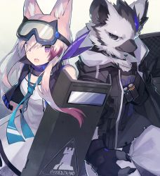Rule 34 | 1boy, 1girl, animal ear fluff, animal ears, arknights, black gloves, black jacket, cardigan (arknights), commentary request, cowboy shot, dog ears, fingerless gloves, furry, furry male, gloves, goggles, goggles on head, hair between eyes, holding, holding shield, jacket, long hair, looking at viewer, open mouth, purple eyes, sasa onigiri, shield, smile, spot (arknights)