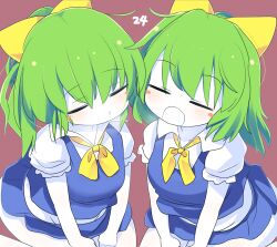 Rule 34 | 2girls, blue skirt, blue vest, blush, blush stickers, bow, bowtie, breasts, closed eyes, collared shirt, colored skin, commentary request, cookie (touhou), cowboy shot, daiyousei, diyusi (cookie), dual persona, green hair, hair bow, highres, leaning forward, lets0020, medium bangs, midriff, multiple girls, open mouth, shirt, short hair, simple background, skirt, skirt set, small breasts, touhou, vest, white shirt, white skin, yellow bow, yellow bowtie
