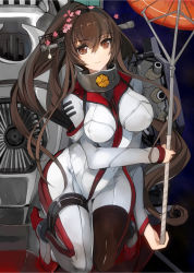 Rule 34 | 10s, 1girl, alternate costume, bodysuit, breasts, brown eyes, brown hair, crossover, covered erect nipples, kantai collection, large breasts, light smile, long hair, looking at viewer, name connection, ponytail, pupps, solo, uchuu senkan yamato, uchuu senkan yamato 2199, umbrella, very long hair, wide hips, yamato (kancolle)