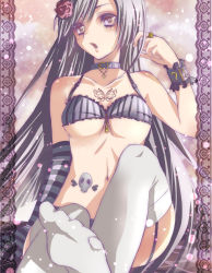 Rule 34 | 1girl, bad id, bad pixiv id, bra, breasts, brown eyes, bug, butterfly, choker, elbow gloves, feet, flower, foot focus, foreshortening, garter belt, gloves, grey hair, hair flower, hair ornament, insect, jewelry, lingerie, long hair, mitsuhachi8, original, ring, single glove, solo, striped bra, striped clothes, tattoo, thighhighs, underboob, underwear, very long hair, white thighhighs, wrist cuffs