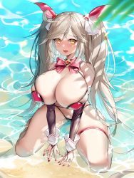 Rule 34 | bikini, blonde hair, blush, breasts, bridal gauntlets, elbow gloves, faucre the evil overlord, gloves, highres, huge breasts, kneeling, laevan, last origin, looking at viewer, nail polish, open mouth, sand, solo, swimsuit, twintails, water, yellow eyes