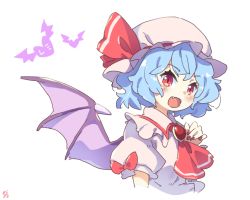 Rule 34 | 1girl, ascot, bat wings, blue hair, brooch, commentary request, cropped torso, fang, hat, hat ribbon, heart, jewelry, mob cap, nail polish, open mouth, pink hat, pink shirt, red ascot, red eyes, red nails, red ribbon, remilia scarlet, ribbon, shirt, short hair, short sleeves, simple background, smile, solo, tanasuke, touhou, translated, upper body, white background, winged heart, wings