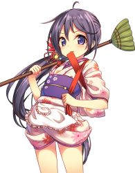 Rule 34 | 10s, 1girl, ahoge, akebono (kancolle), apron, bell, blush, broom, closed mouth, cowboy shot, eyebrows, floral print, flower, frilled apron, frills, hair bell, hair flower, hair ornament, hair ribbon, holding, holding broom, japanese clothes, jpeg artifacts, kantai collection, kimono, long hair, looking at viewer, mouth hold, nazu-na, obi, ponytail, print kimono, purple eyes, purple hair, ribbon, sash, short kimono, simple background, solo, standing, striped ribbon, tasuki, very long hair, white apron, white background
