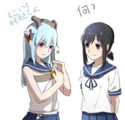 Rule 34 | 10s, 2girls, arms behind back, bad id, bad pixiv id, bare shoulders, black eyes, black hair, blue hair, blush, commentary request, fubuki (kancolle), fubuki (warship girls r), hair ribbon, highres, historical name connection, kantai collection, lulu heika, midriff, multiple girls, name connection, ponytail, red eyes, ribbon, school uniform, skirt, smile, sparkle, translation request, unbuttoned, warship girls r