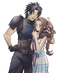 Rule 34 | 1boy, 1girl, aerith gainsborough, bare shoulders, black hair, blush, braid, braided ponytail, brown hair, closed eyes, closed mouth, commentary, couple, cowboy shot, crisis core final fantasy vii, dress, english commentary, final fantasy, final fantasy vii, gloves, green eyes, hair ribbon, hand on another&#039;s shoulder, hand on own hip, height difference, highres, long hair, open mouth, parted bangs, pink ribbon, ribbon, sidelocks, simple background, sleeveless, sleeveless dress, spiked hair, square enix, sweater, sylvthea, teeth, turtleneck, turtleneck sweater, upper teeth only, white background, zack fair