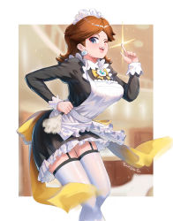 Rule 34 | 1girl, apron, black dress, blue eyes, breasts, brown hair, burnt green tea, dress, duster, earrings, flower earrings, garter straps, gem, grin, hand on own hip, hand up, highres, jewelry, large breasts, legs, looking at viewer, maid apron, mario (series), nintendo, one eye closed, open mouth, pointing, pointing up, princess daisy, ribbon, shiny skin, smile, solo, standing, super mario land, thighhighs, thighs, tomboy, wink
