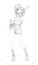 Rule 34 | 1girl, blush, clothes lift, eternal melody, finger to mouth, full body, greyscale, harumachi nagaaki, heart, highres, legs, lemit mariena, lifting own clothes, monochrome, no panties, one eye closed, partially visible vulva, pussy, school uniform, serafuku, simple background, skirt, skirt lift, smile, solo, white background