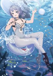 Rule 34 | 1girl, :d, absurdres, air bubble, arm strap, arm up, azur lane, bare arms, bare shoulders, black footwear, blue eyes, body writing, breasts, bubble, casual one-piece swimsuit, cleavage, copyright name, coral, full body, grey one-piece swimsuit, grey pantyhose, hat, highres, holding, innertube, kuwahara taiki, low ponytail, medium breasts, one-piece swimsuit, open mouth, pantyhose, pantyhose under swimsuit, rock, seattle (azur lane), seattle (sunfish spell!) (azur lane), short hair, silver hair, smile, solo, star (symbol), swim ring, swimsuit, underwater, water, white hat, witch hat