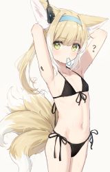 Rule 34 | 1girl, ?, alternate hairstyle, animal ears, arknights, armpits, arms up, bikini, black bikini, black ribbon, blonde hair, blue hairband, blush, commentary, cowboy shot, earpiece, flat chest, fox ears, fox tail, front-tie bikini top, front-tie top, gachigachi, green eyes, hair tie, hairband, highres, long hair, looking at viewer, material growth, mouth hold, multicolored hair, multiple tails, navel, oripathy lesion (arknights), ribbon, side-tie bikini bottom, solo, stomach, suzuran (arknights), swimsuit, symbol-only commentary, tail, two-tone hair, tying hair, white hair