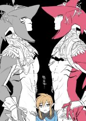 Rule 34 | 3boys, abs, absurdres, black cape, blonde hair, blue shirt, blush, cape, colored skin, eye contact, fins, from side, hands on own hips, highres, link, looking at another, looking at viewer, multiple boys, nintendo, pointy ears, profile, red skin, shirt, sidon, sweat, the legend of zelda, the legend of zelda: breath of the wild, ttanuu., yellow eyes, zora