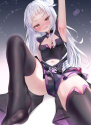 Rule 34 | 1girl, arched bangs, armpits, blunt bangs, blush, breasts, cleavage cutout, clothing cutout, feet, gmkj, grey hair, hair bun, hair ornament, highres, hololive, long hair, looking at viewer, murasaki shion, navel, navel cutout, no shoes, open mouth, presenting armpit, purple outline, simple background, single side bun, skirt, small breasts, smile, solo, sweat, thighhighs, toes, virtual youtuber, yellow eyes
