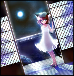 Rule 34 | 1girl, animal ears, barefoot, brown eyes, brown hair, cat ears, cat tail, chen, dress, dutch angle, earrings, fangs, hat, highres, jewelry, moon, multiple tails, nekorin, open mouth, see-through, see-through silhouette, short hair, solo, tail, tatami, tears, touhou, veranda