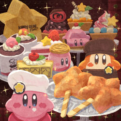 Rule 34 | apron, blue eyes, blush stickers, brown apron, brown eyes, brown headwear, cake, car-mouth cake, chef hat, coffee, coffee cup, commentary, cup, cupcake, disposable cup, food, food focus, food on face, hat, highres, jar, kirby, kirby (series), kirby cafe, looking at viewer, miclot, nintendo, no humans, open mouth, pink footwear, plate, shoes, sparkle, star wand, waddle dee