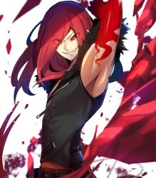 Rule 34 | 1boy, armpits, blood, carmine (under night in-birth), evil grin, evil smile, fang, fur collar, grin, hair over one eye, highres, hoshino kaoru, long hair, male focus, red eyes, red hair, sleeveless, smile, solo, under night in-birth