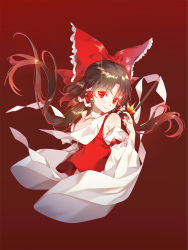 Rule 34 | 1girl, bow, brown hair, commentary, cropped torso, detached sleeves, fingernails, glowing, glowing eyes, gohei, hair bow, hair tubes, hakurei reimu, long fingernails, long hair, looking at viewer, nail polish, nontraditional miko, paw print, paw print pattern, red background, red bow, red eyes, red nails, sharp fingernails, shide, smile, solo, sparkle, touhou, vieny, wide sleeves, wily beast and weakest creature