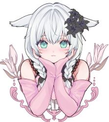 Rule 34 | 1girl, absurdres, animal ears, aqua eyes, armpit crease, black bow, black flower, blush, bow, braid, cat ears, closed mouth, cropped torso, facial mark, final fantasy, final fantasy xiv, flower, hair bow, hair flower, hair ornament, hands on own chin, head rest, heart, heart-shaped pupils, highres, lace trim, lilith degree, looking at viewer, miqo&#039;te, pink flower, red lips, sleeves past wrists, solo, straight-on, symbol-shaped pupils, twin braids, warrior of light (ff14), whisker markings, white hair