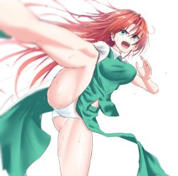 Rule 34 | 1girl, ass, bad id, bad twitter id, blue eyes, bouncing breasts, breasts, dress, green dress, highres, hong meiling, incoming attack, kicking, long hair, looking at viewer, medium breasts, navel, one-hour drawing challenge, open mouth, panties, pantyshot, pov, red hair, short sleeves, simple background, sweat, teraguchi, touhou, underwear, white panties
