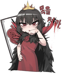 Rule 34 | 1girl, black cape, black hair, black souls, cape, chibi, crown, d:, dress, flower, fur cape, hair between eyes, hand on own hip, hand up, heart, korean text, looking at viewer, lorina (black souls), mini crown, nyong nyong, open mouth, red dress, red eyes, red flower, red rose, ringed eyes, rose, short hair, simple background, solo, translation request, white background