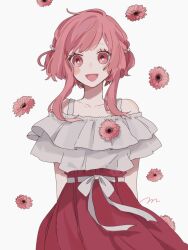 Rule 34 | 1girl, :d, arms behind back, bare shoulders, blush, bow, collarbone, flower, frills, hair ornament, looking at viewer, maco22, off-shoulder shirt, off shoulder, open mouth, original, pink eyes, pink flower, pink hair, red skirt, shirt, short hair, sidelocks, signature, simple background, skirt, smile, solo, white background, white bow, white shirt