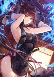 Rule 34 | 1girl, armpits, bare shoulders, black dress, blue eyes, blunt bangs, blush, breasts, china dress, chinese clothes, cleavage, detached sleeves, dress, fate/grand order, fate (series), hair ornament, highres, kim eb, large breasts, leaf hair ornament, long hair, looking at viewer, medium breasts, solo, thighs, twintails, very long hair, yang guifei (fate), yang guifei (second ascension) (fate)