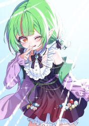 Rule 34 | 1girl, :p, @ @, absurdres, belt, black bow, black bowtie, black dress, black ribbon, blue brooch, bow, bowtie, candy, collar, collarbone, commission, detached collar, dress, food, frilled dress, frills, green belt, green hair, hair ribbon, hexa (vtuber), highres, indie virtual youtuber, jacket, lollipop, multicolored hair, one eye closed, pointy ears, purple belt, purple hair, purple jacket, red hair, ribbon, skeb commission, solo, star (symbol), streaked hair, tachibana reiya, tongue, tongue out, white collar, wrapped candy